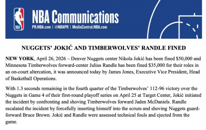 开云体育下载-NBA官宣掘狼冲突罚单：约基奇罚5万兰德尔罚3.5万 无人被禁赛